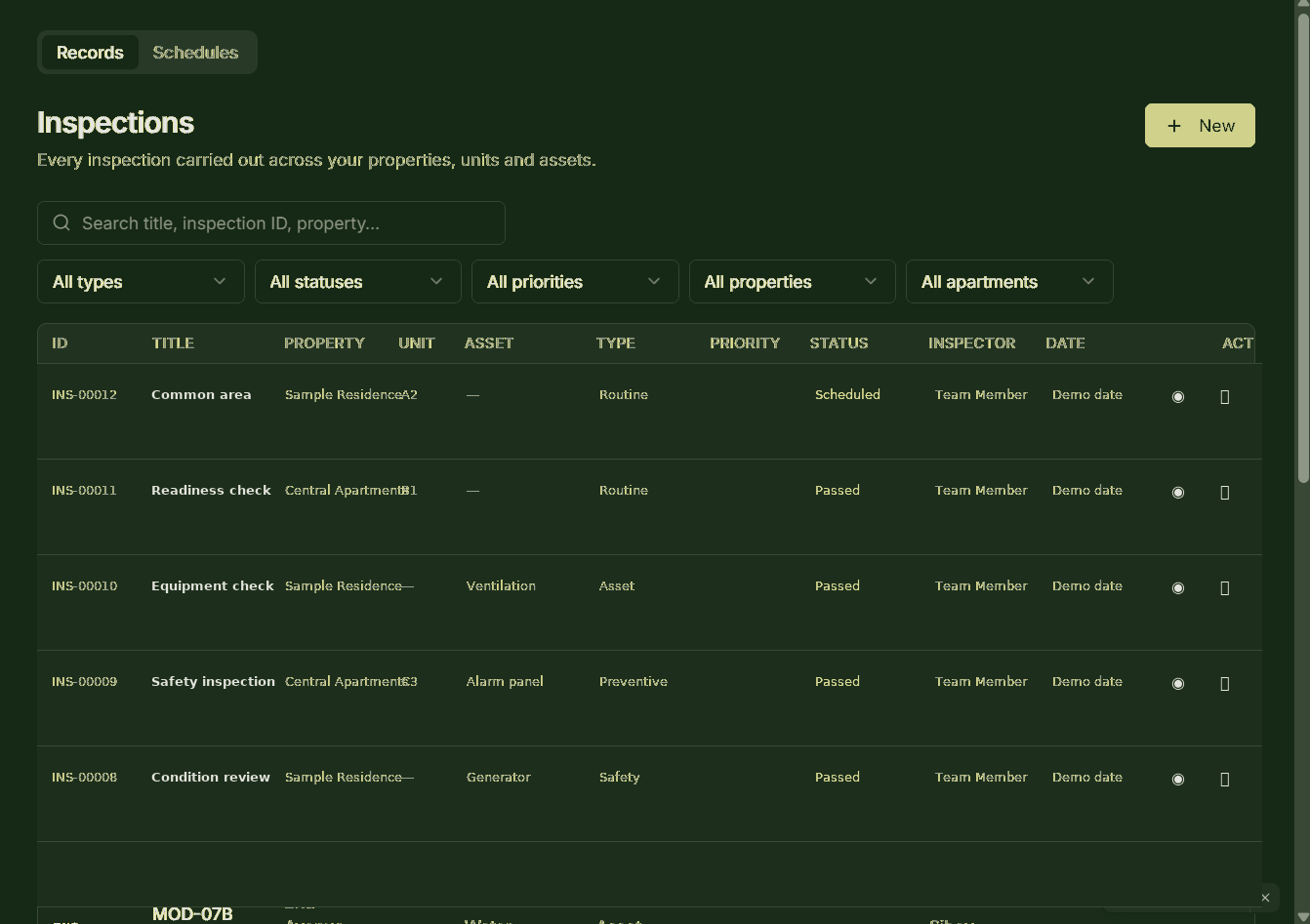 FOMS inspections interface showing inspection records and filters.