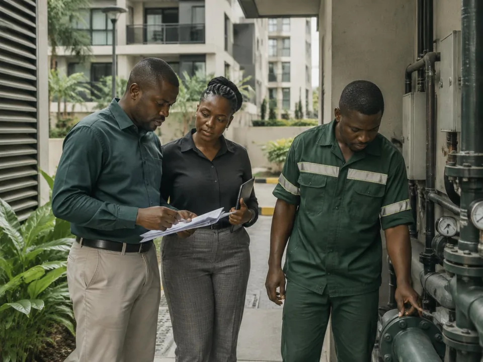 Facilities managers and a maintenance technician coordinating building operations beside service equipment