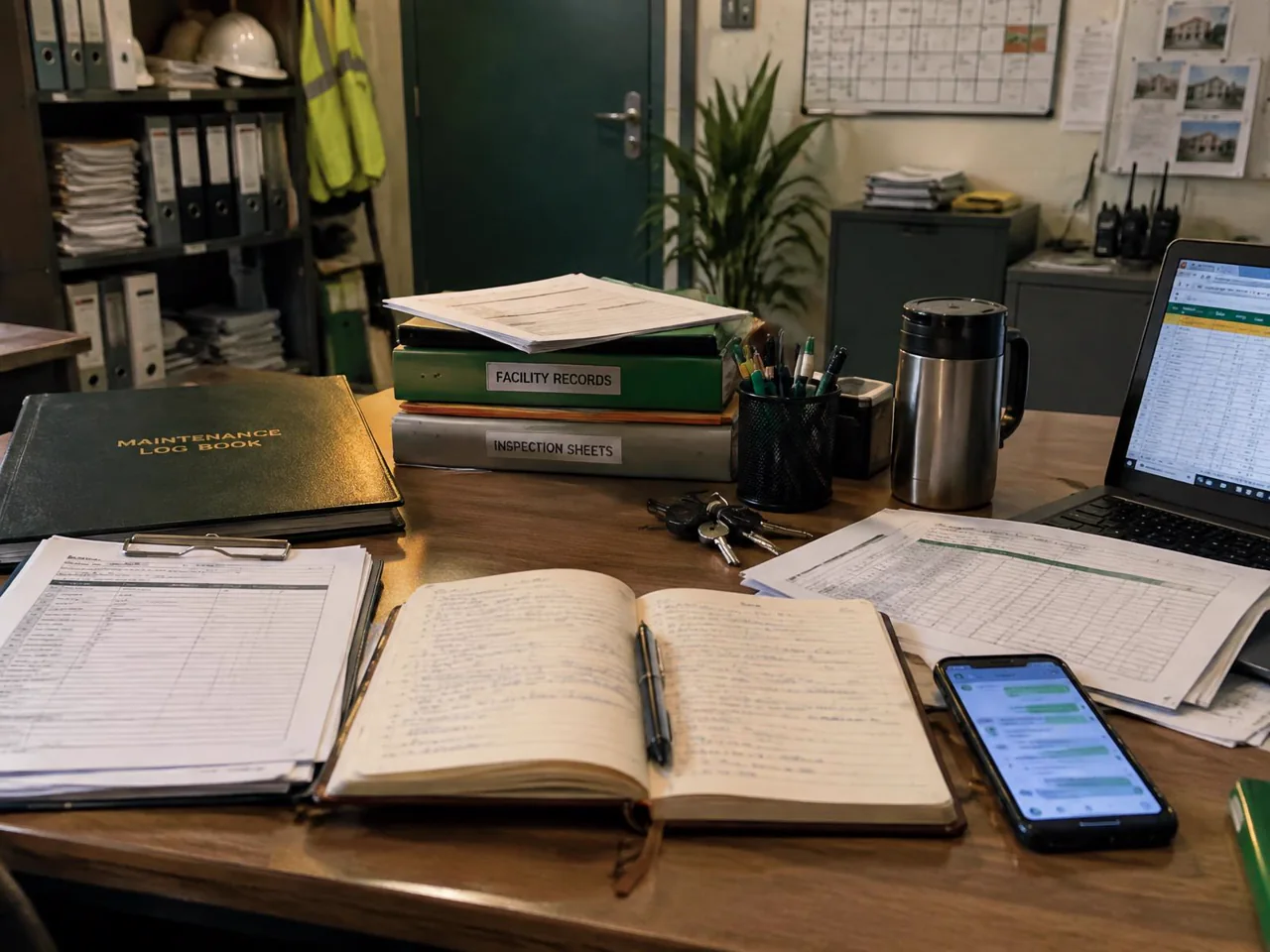 Maintenance notebooks, inspection sheets, messages and spreadsheets spread across a facilities operations desk