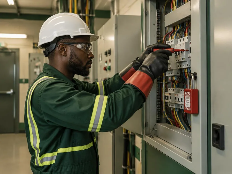 Electrical maintenance technician carrying out controlled work on a building distribution panel