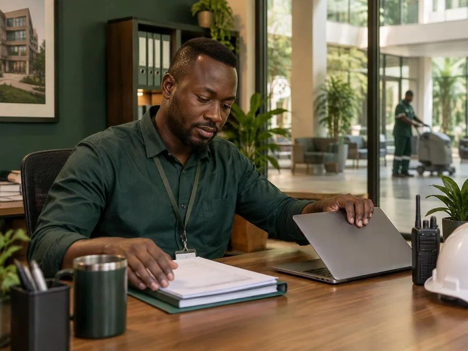 Facilities professional reviewing completed operational records in a property workspace
