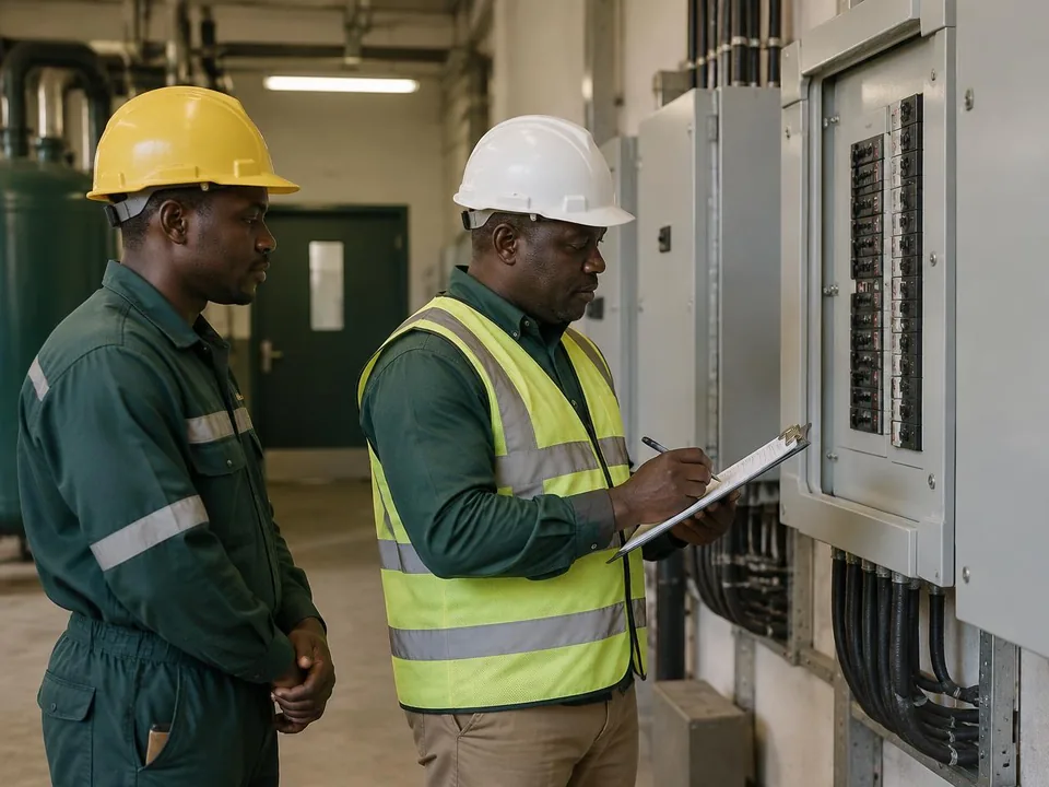 Facilities supervisor inspecting completed electrical maintenance with the responsible technician