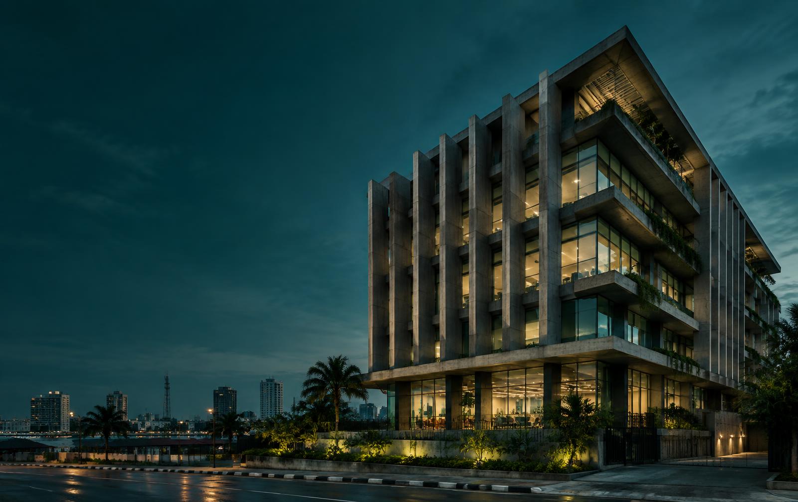 Contemporary concrete and glass architecture in an African city at dusk